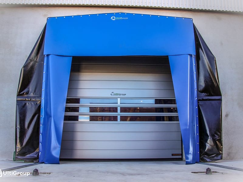 Ulti Spiral Door installed with a blue and black dock seal.